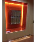 2 Agrupaciones de 7 buzones Prisma (acceso frontal) Todo inox brillo, con envolvente doble y colgados en la pared.