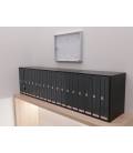 Agrupaciones especiales de 24 buzones Prisma (acceso Frontal) con cuerpo y puerta en negro. Con mesa de apoyo