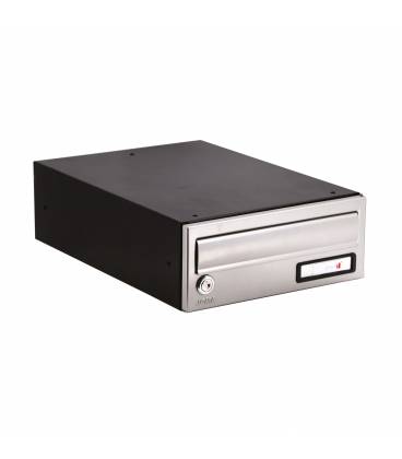 Buzón Kompact EVO H270-81404, con cuerpo color negro y puerta color Pintura Inox, apto para el exterior.