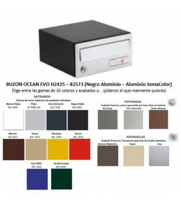 Buzón Joma, Ocean EVO H2425-82570, cuerpo negro de aluminio y puerta en Aluminio JomaColor, apto para el exterior e interior.