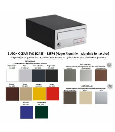 Buzón Joma, Ocean EVO H2435-82574, cuerpo negro de aluminio y puerta en Aluminio JomaColor, apto para el exterior e interior.