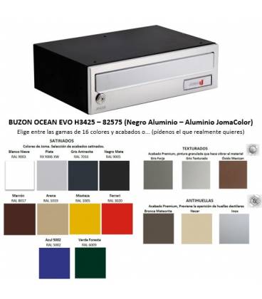 Buzón Joma, Ocean EVO H3425-82575, cuerpo negro de aluminio y puerta en Aluminio JomaColor, apto para el exterior e interior.
