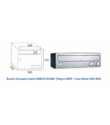 Buzón Kompact H360/3 -81386. Con cuerpo en acero electrocincado Negro y puerta en acero electrocincado Inox Mate AISI 304